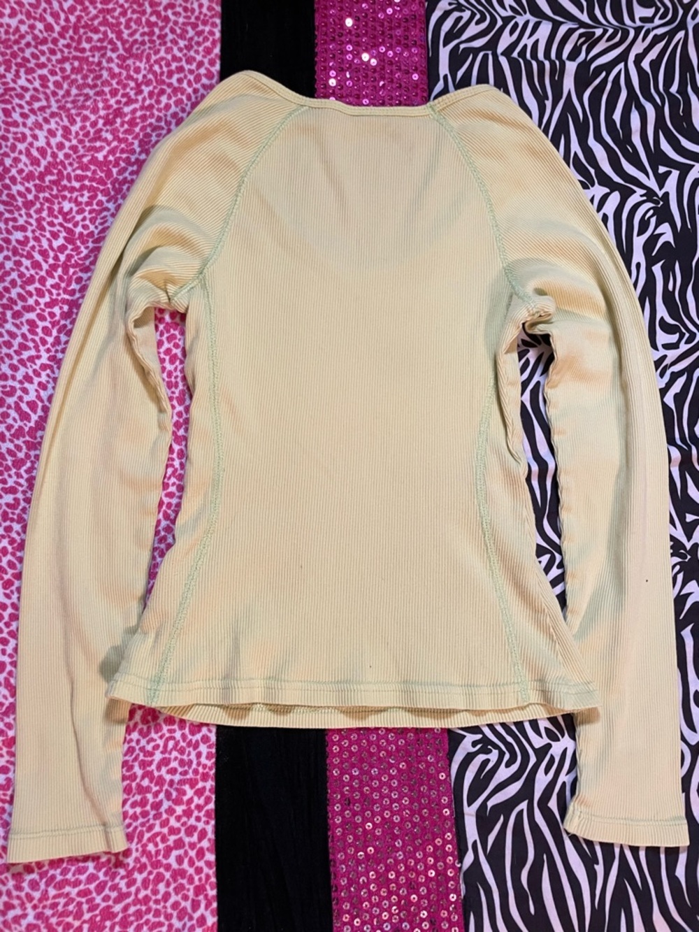 Women’s Long Sleeve Ribbed Top - yellow with green stitching